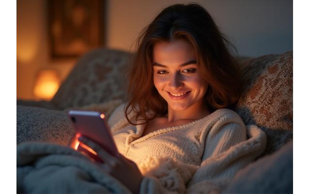 Uśmiechnięta kobieta scrollująca telefon w łóżku, symbolizująca randki online.