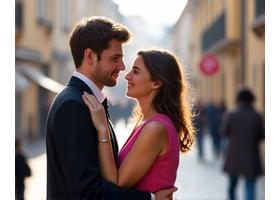 Uśmiechnięta para, Julia i Piotr, obejmująca się, patrząca na siebie z czułością.