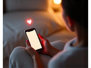 Grafika kobiety odbierającej wspierającą wiadomość na telefonie, symbolizująca siłę słów i komfortu.
