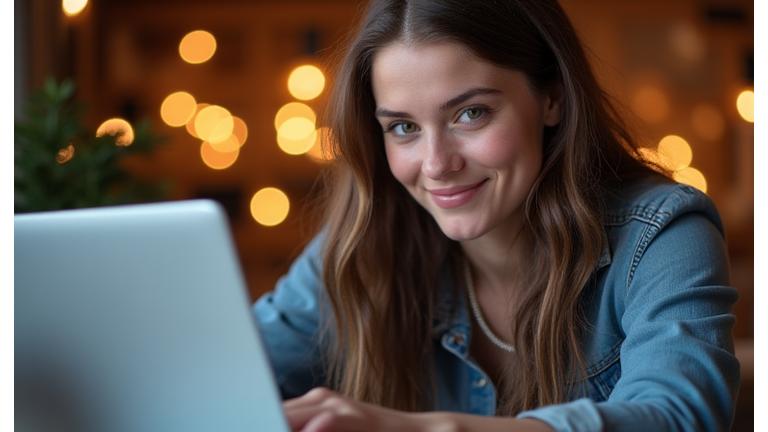 Młoda kobieta pisząca na laptopie, uśmiechająca się, otoczona rozmazanymi światłami, symbolizującymi inspirację i kreatywność.