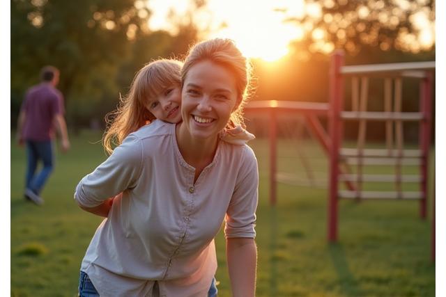 Uśmiechnięta mama bawiąca się z dzieckiem na placu zabaw, z subtelnym zarysem drugiej osoby w tle, symbolizującą równowagę między rodzicielstwem a nowymi relacjami.