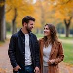 Anna i Marek, para spacerująca jesiennym parkiem, śmiejąca się, symbolizująca relacje zbudowane na Bumble.