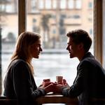 Ewa i Tomek, para trzymająca się za ręce, siedząca przy stole w kawiarni, z filiżankami kawy, widok zza okna na ulicę Warszawską.
