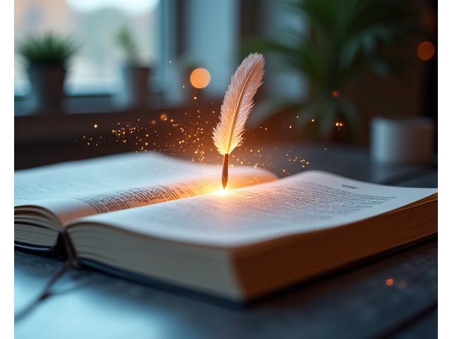 Otwarta księga lub blog z symbolem pióra i tekstu, symbolizująca proces publikacji i twórczości w bezpiecznym środowisku cyfrowym.