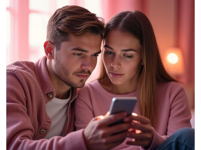 Para, u której jedna osoba pisze wiadomość na telefonie, a druga słucha, symbolizując aktywne słuchanie i świadomą komunikację cyfrową. Delikatne, różowe tło.