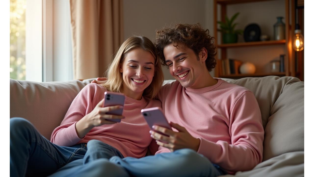 Para siedząca razem na kanapie, oboje z telefonami w rękach, ale uśmiechają się do siebie nawzajem, symbolizując równowagę między światem cyfrowym a relacjami w prawdziwym życiu.