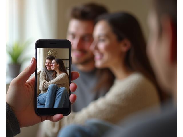 Zniekształcone odbicie pary w ekranie telefonu, symbolizujące różnicę między idealnym wizerunkiem a rzeczywistością. Ciepłe, rozmazane tło.